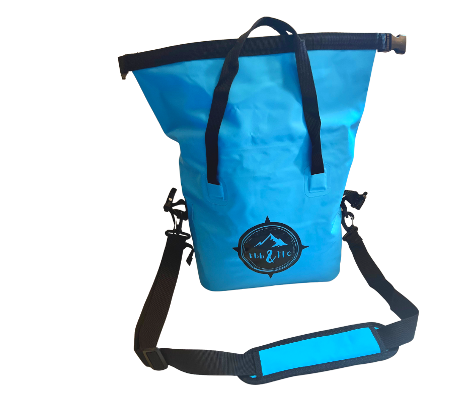 The Ebb&Flo 20 Liter teal drybag open at top with shoulder strap