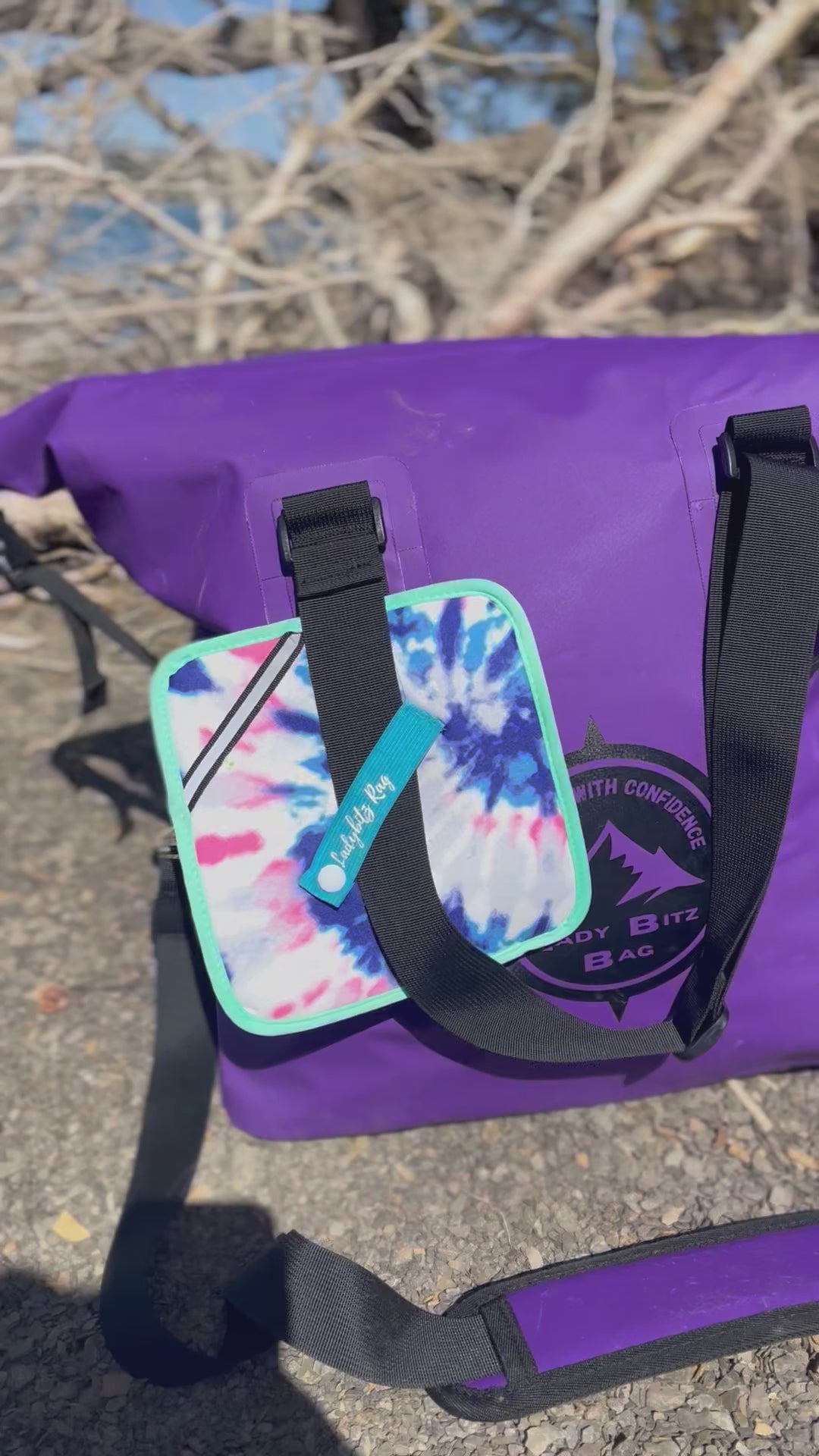Pee cloth clipped onto the 50L ladybitz drybag for easy carry